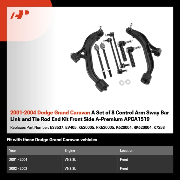 2001-2004 Dodge Grand Caravan A Set of 8 Control Arm Sway Bar Link and Tie Rod End Kit Front Side A-Premium APCA1519