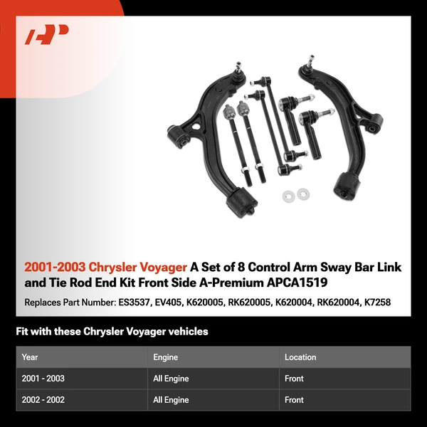 2001-2003 Chrysler Voyager A Set of 8 Control Arm Sway Bar Link and Tie Rod End Kit Front Side A-Premium APCA1519