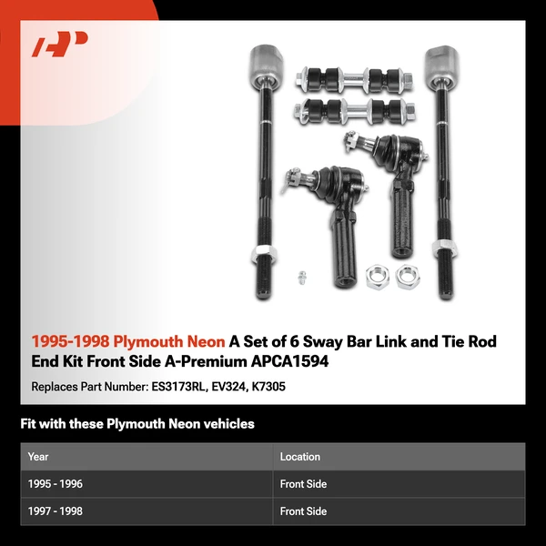 1995-1998 Plymouth Neon A Set of 6 Sway Bar Link and Tie Rod End Kit Front Side A-Premium APCA1594