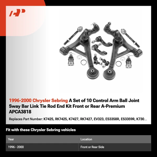 1996-2000 Chrysler Sebring A Set of 10 Control Arm Ball Joint Sway Bar Link Tie Rod End Kit Front or Rear A-Premium APCA3818