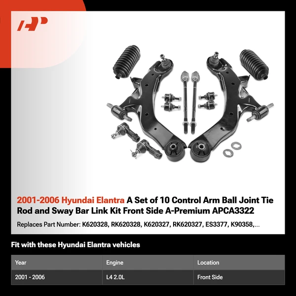 2001-2006 Hyundai Elantra A Set of 10 Control Arm Ball Joint Tie Rod and Sway Bar Link Kit Front Side A-Premium APCA3322