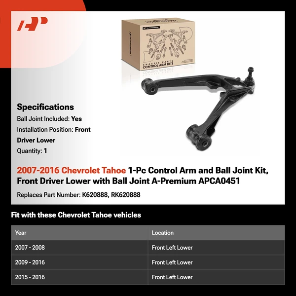2007-2016 Chevrolet Tahoe 1-Pc Control Arm and Ball Joint Kit, Front Driver Lower with Ball Joint A-Premium APCA0451