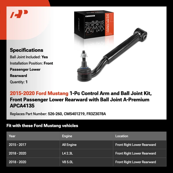 2015-2020 Ford Mustang 1-Pc Control Arm and Ball Joint Kit, Front Passenger Lower Rearward with Ball Joint A-Premium APCA4135