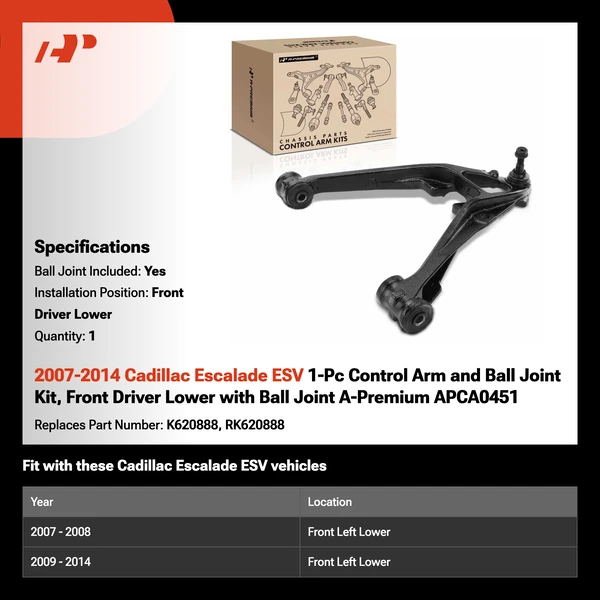 2007-2014 Cadillac Escalade ESV 1-Pc Control Arm and Ball Joint Kit, Front Driver Lower with Ball Joint A-Premium APCA0451