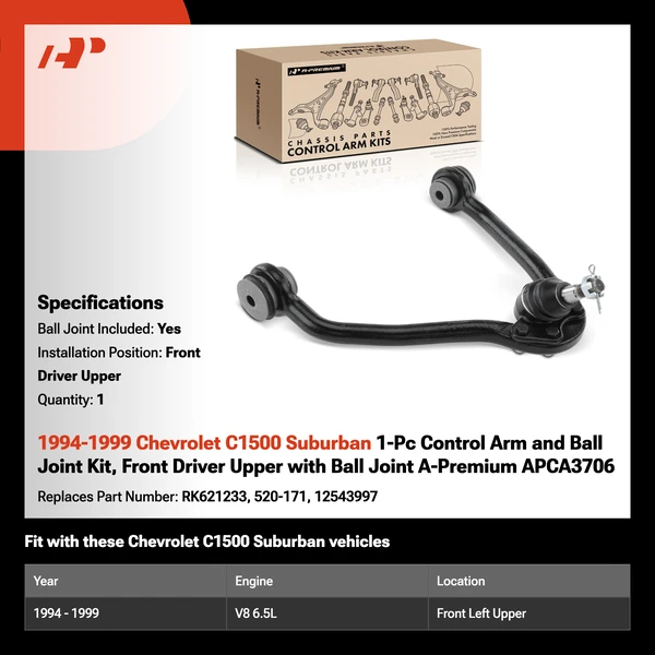 1994-1999 Chevrolet C1500 Suburban 1-Pc Control Arm and Ball Joint Kit, Front Driver Upper with Ball Joint A-Premium APCA3706