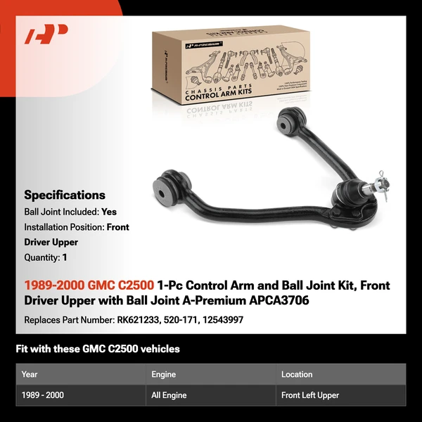 1989-2000 GMC C2500 1-Pc Control Arm and Ball Joint Kit, Front Driver Upper with Ball Joint A-Premium APCA3706