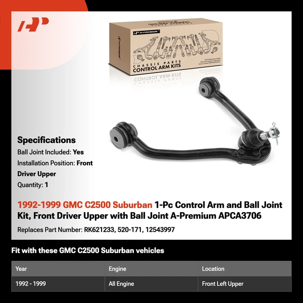 1992-1999 GMC C2500 Suburban 1-Pc Control Arm and Ball Joint Kit, Front Driver Upper with Ball Joint A-Premium APCA3706