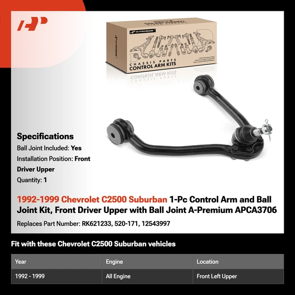1992-1999 Chevrolet C2500 Suburban 1-Pc Control Arm and Ball Joint Kit, Front Driver Upper with Ball Joint A-Premium APCA3706