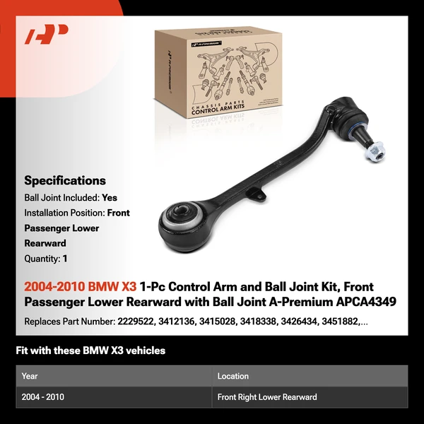 2004-2010 BMW X3 1-Pc Control Arm and Ball Joint Kit, Front Passenger Lower Rearward with Ball Joint A-Premium APCA4349