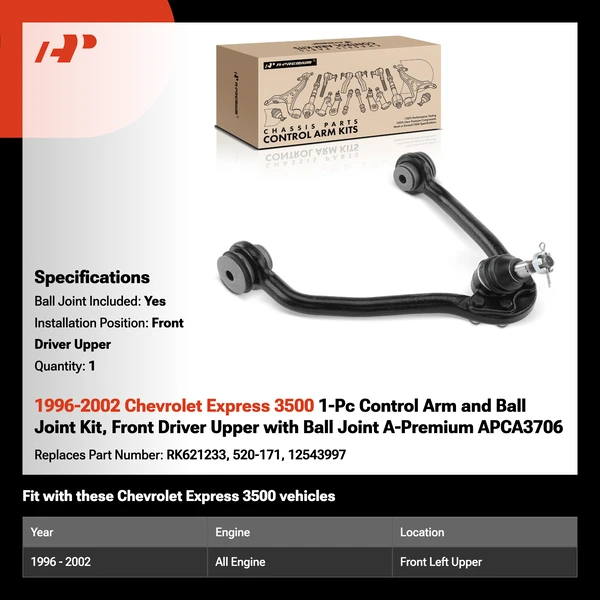 1996-2002 Chevrolet Express 3500 1-Pc Control Arm and Ball Joint Kit, Front Driver Upper with Ball Joint A-Premium APCA3706