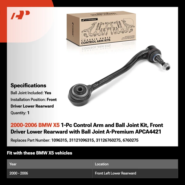 2000-2006 BMW X5 1-Pc Control Arm and Ball Joint Kit, Front Driver Lower Rearward with Ball Joint A-Premium APCA4421