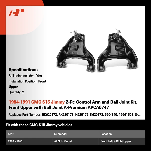 1984-1991 GMC S15 Jimmy 2-Pc Control Arm and Ball Joint Kit, Front Upper with Ball Joint A-Premium APCA0747