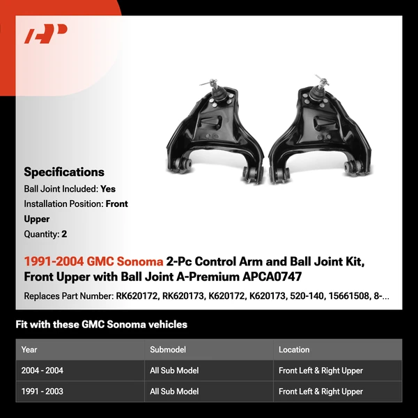 1991-2004 GMC Sonoma 2-Pc Control Arm and Ball Joint Kit, Front Upper with Ball Joint A-Premium APCA0747
