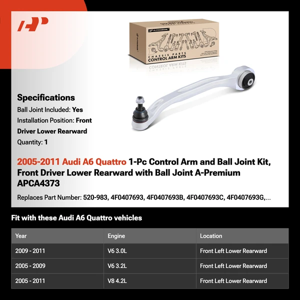 2005-2011 Audi A6 Quattro 1-Pc Control Arm and Ball Joint Kit, Front Driver Lower Rearward with Ball Joint A-Premium APCA4373