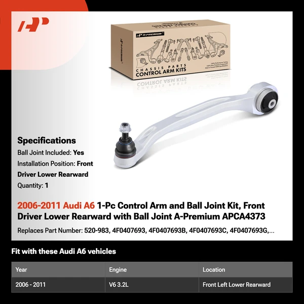 2006-2011 Audi A6 1-Pc Control Arm and Ball Joint Kit, Front Driver Lower Rearward with Ball Joint A-Premium APCA4373