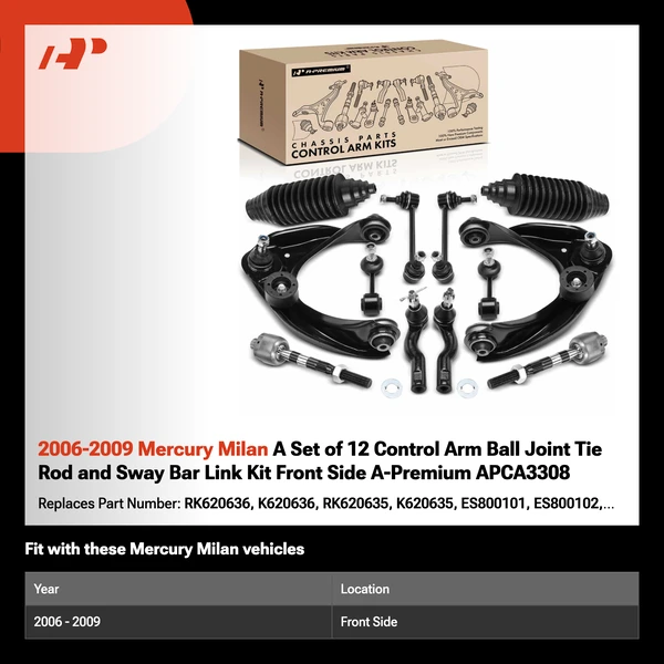 2006-2009 Mercury Milan A Set of 12 Control Arm Ball Joint Tie Rod and Sway Bar Link Kit Front Side A-Premium APCA3308