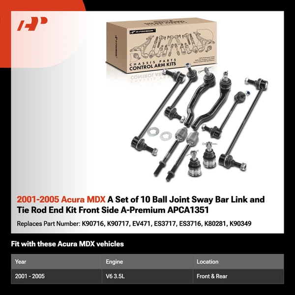 2001-2005 Acura MDX A Set of 10 Ball Joint Sway Bar Link and Tie Rod End Kit Front Side A-Premium APCA1351