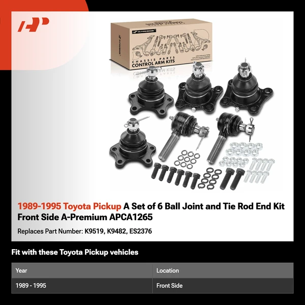 1989-1995 Toyota Pickup A Set of 6 Ball Joint and Tie Rod End Kit Front Side A-Premium APCA1265