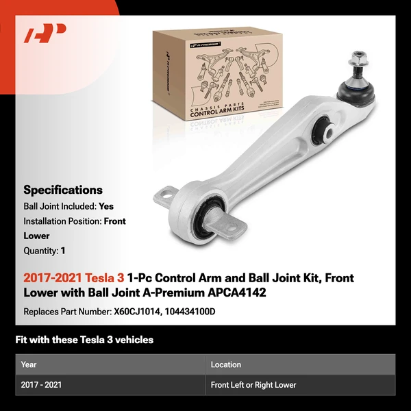 2017-2021 Tesla 3 1-Pc Control Arm and Ball Joint Kit, Front Lower with Ball Joint A-Premium APCA4142