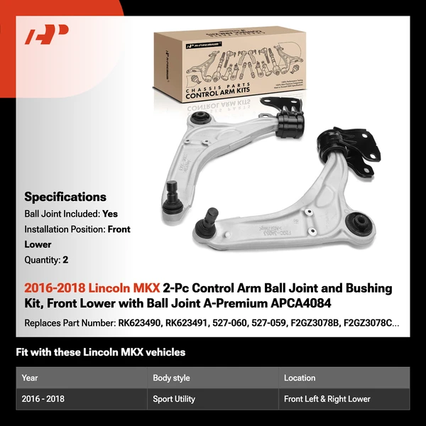 2016-2018 Lincoln MKX 2-Pc Control Arm Ball Joint and Bushing Kit, Front Lower with Ball Joint A-Premium APCA4084