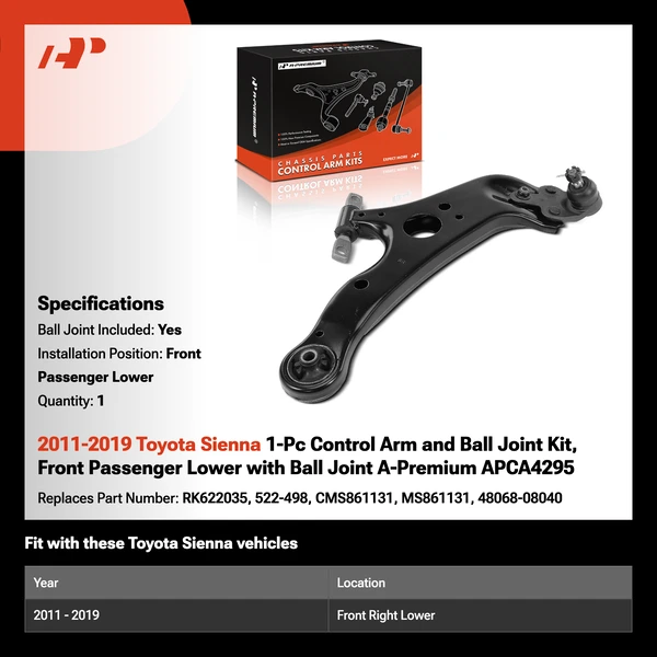 2011-2019 Toyota Sienna 1-Pc Control Arm and Ball Joint Kit, Front Passenger Lower with Ball Joint A-Premium APCA4295