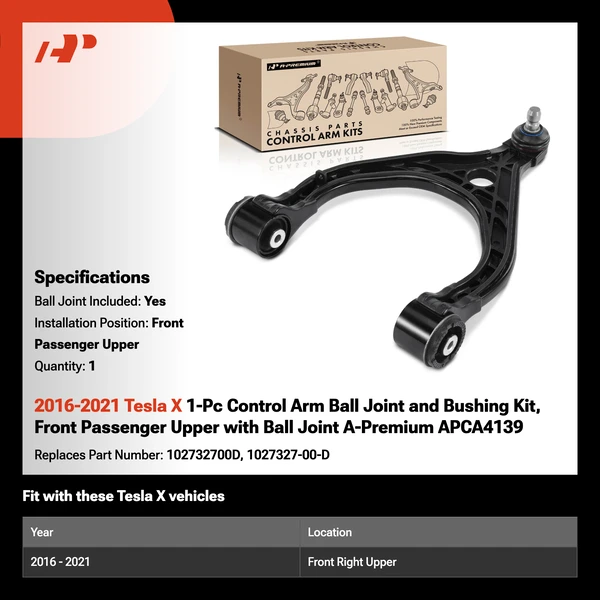 2016-2021 Tesla X 1-Pc Control Arm Ball Joint and Bushing Kit, Front Passenger Upper with Ball Joint A-Premium APCA4139