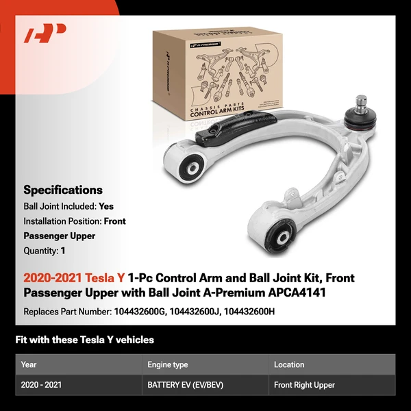 2020-2021 Tesla Y 1-Pc Control Arm and Ball Joint Kit, Front Passenger Upper with Ball Joint A-Premium APCA4141