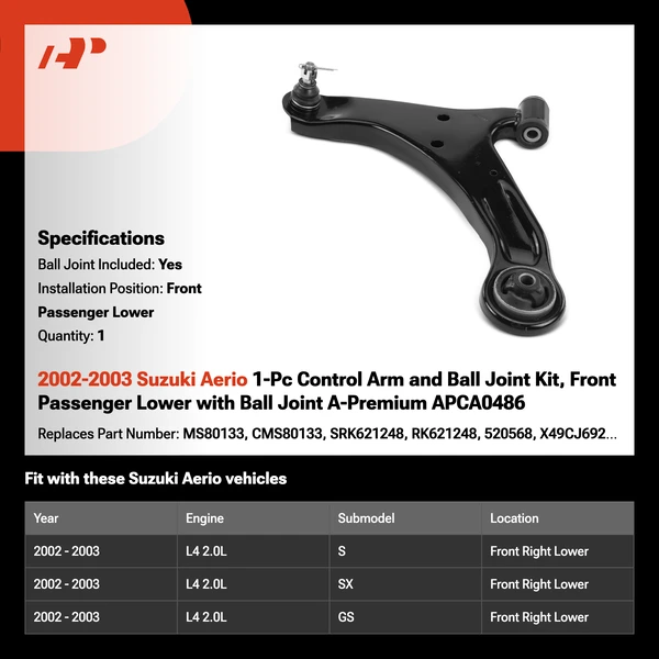 2002-2003 Suzuki Aerio 1-Pc Control Arm and Ball Joint Kit, Front Passenger Lower with Ball Joint A-Premium APCA0486