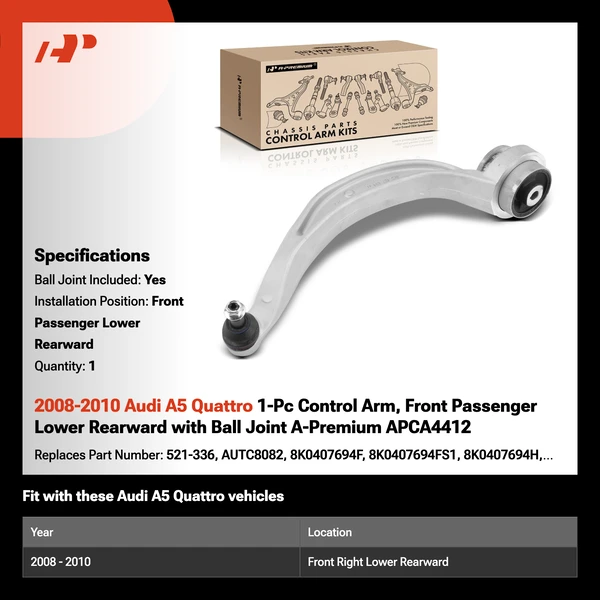 2008-2010 Audi A5 Quattro 1-Pc Control Arm, Front Passenger Lower Rearward with Ball Joint A-Premium APCA4412