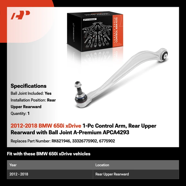 2012-2018 BMW 650i xDrive 1-Pc Control Arm, Rear Upper Rearward with Ball Joint A-Premium APCA4293