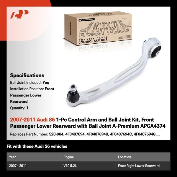 2007-2011 Audi S6 1-Pc Control Arm and Ball Joint Kit, Front Passenger Lower Rearward with Ball Joint A-Premium APCA4374