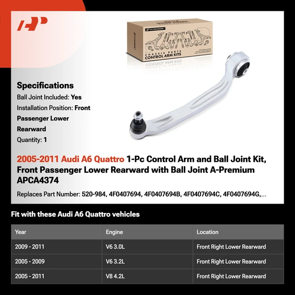 2005-2011 Audi A6 Quattro 1-Pc Control Arm and Ball Joint Kit, Front Passenger Lower Rearward with Ball Joint A-Premium APCA4374