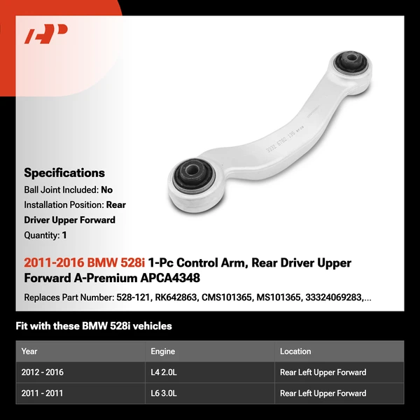 2011-2016 BMW 528i 1-Pc Control Arm, Rear Driver Upper Forward A-Premium APCA4348