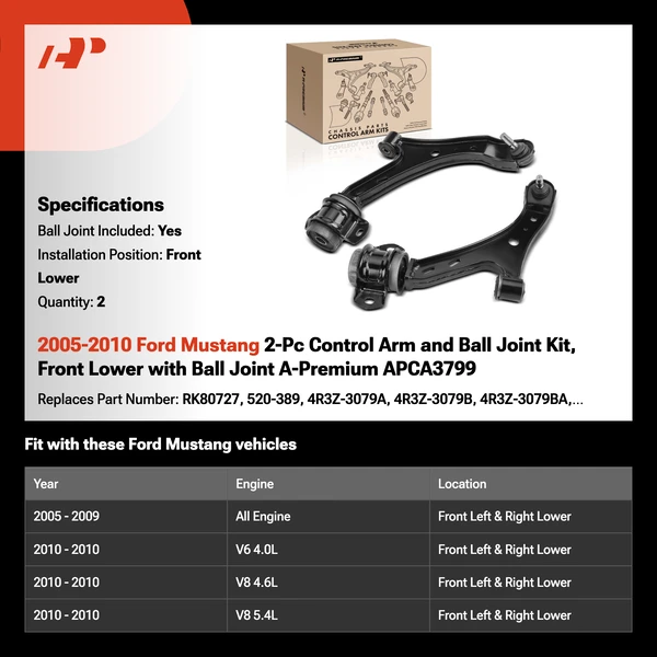 2005-2010 Ford Mustang 2-Pc Control Arm and Ball Joint Kit, Front Lower with Ball Joint A-Premium APCA3799