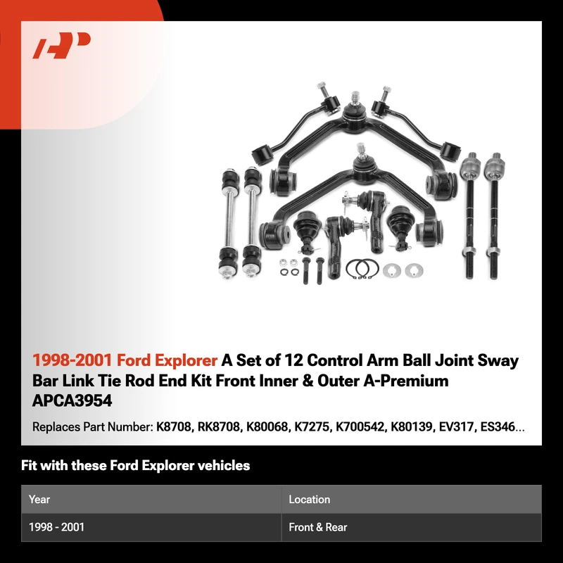 1998-2001 Ford Explorer A Set of 12 Control Arm Ball Joint Sway Bar Link Tie Rod End Kit Front Inner & Outer A-Premium APCA3954