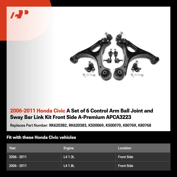 2006-2011 Honda Civic A Set of 6 Control Arm Ball Joint and Sway Bar Link Kit Front Side A-Premium APCA3223