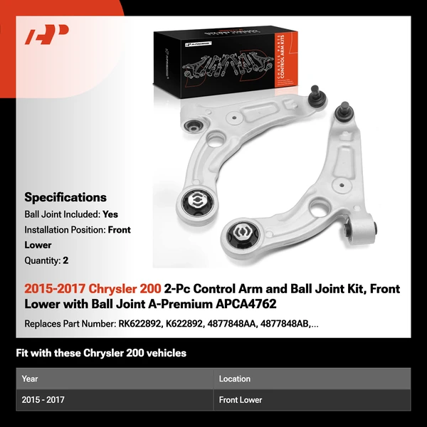 2015-2017 Chrysler 200 2-Pc Control Arm and Ball Joint Kit, Front Lower with Ball Joint A-Premium APCA4762