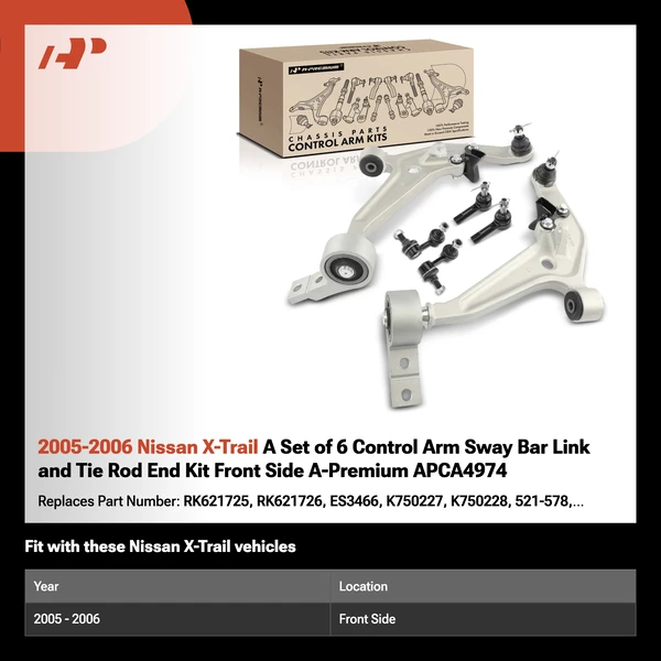 2005-2006 Nissan X-Trail A Set of 6 Control Arm Sway Bar Link and Tie Rod End Kit Front Side A-Premium APCA4974