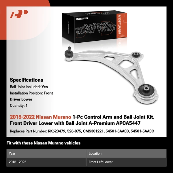 2015-2022 Nissan Murano 1-Pc Control Arm and Ball Joint Kit, Front Driver Lower with Ball Joint A-Premium APCA5447