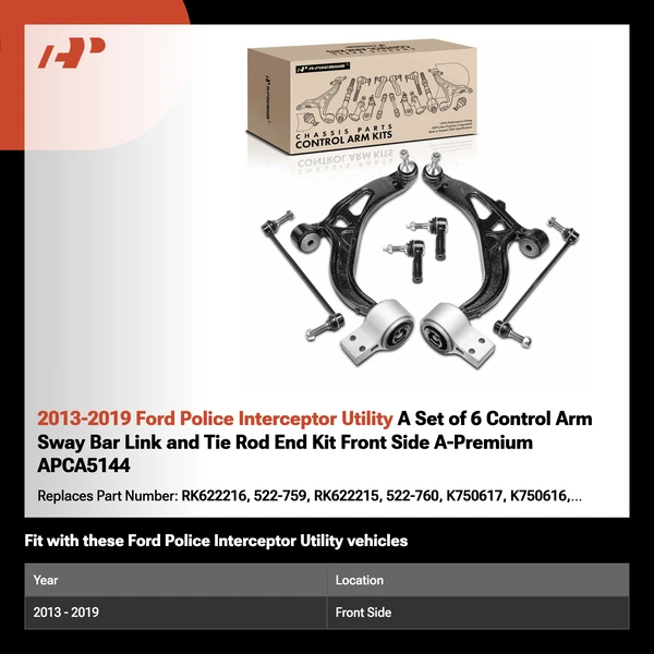 2013-2019 Ford Police Interceptor Utility A Set of 6 Control Arm Sway Bar Link and Tie Rod End Kit Front Side A-Premium APCA5144