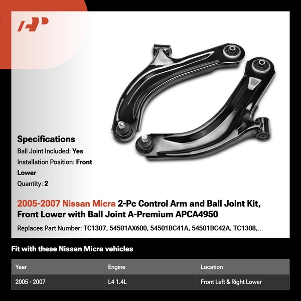 2005-2007 Nissan Micra 2-Pc Control Arm and Ball Joint Kit, Front Lower with Ball Joint A-Premium APCA4950