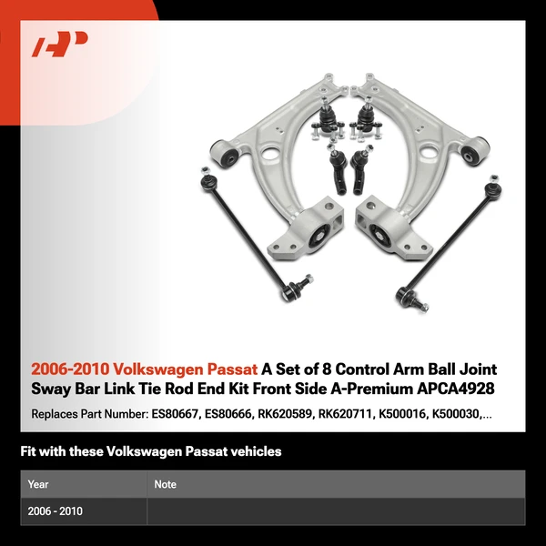 2006-2010 Volkswagen Passat A Set of 8 Control Arm Ball Joint Sway Bar Link Tie Rod End Kit Front Side A-Premium APCA4928