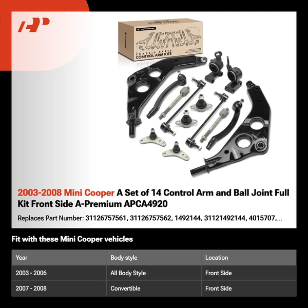 2003-2008 Mini Cooper A Set of 14 Control Arm and Ball Joint Full Kit Front Side A-Premium APCA4920