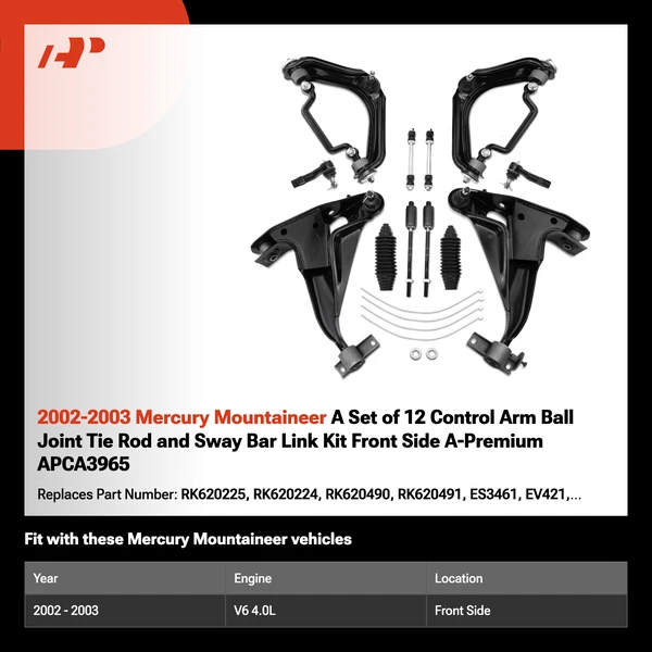 2002-2003 Mercury Mountaineer A Set of 12 Control Arm Ball Joint Tie Rod and Sway Bar Link Kit Front Side A-Premium APCA3965
