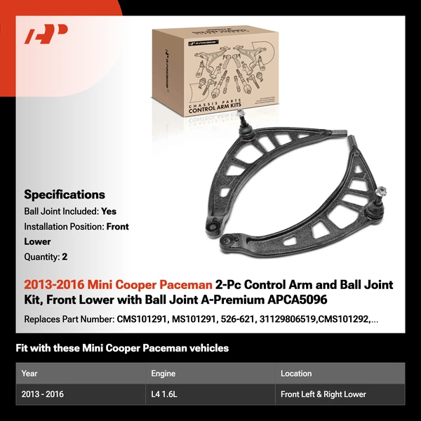 2013-2016 Mini Cooper Paceman 2-Pc Control Arm and Ball Joint Kit, Front Lower with Ball Joint A-Premium APCA5096