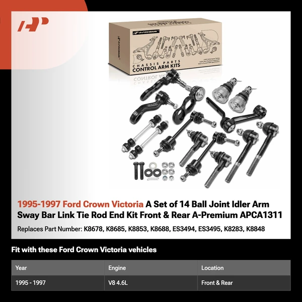 1995-1997 Ford Crown Victoria A Set of 14 Ball Joint Idler Arm Sway Bar Link Tie Rod End Kit Front & Rear A-Premium APCA1311