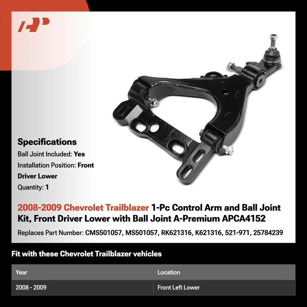 2008-2009 Chevrolet Trailblazer 1-Pc Control Arm and Ball Joint Kit, Front Driver Lower with Ball Joint A-Premium APCA4152