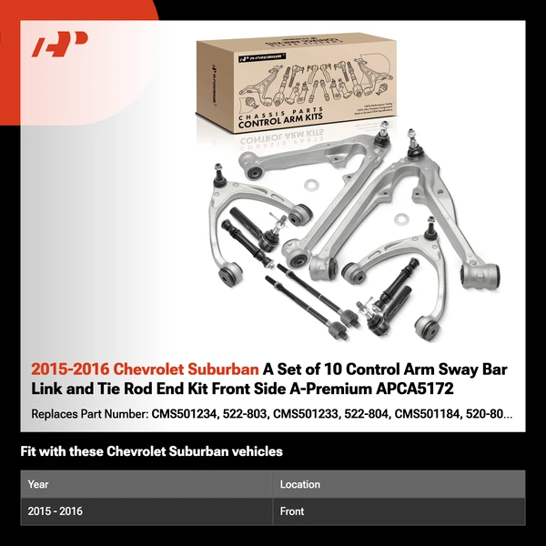 2015-2016 Chevrolet Suburban A Set of 10 Control Arm Sway Bar Link and Tie Rod End Kit Front Side A-Premium APCA5172