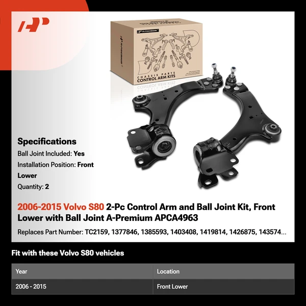 2006-2015 Volvo S80 2-Pc Control Arm and Ball Joint Kit, Front Lower with Ball Joint A-Premium APCA4963