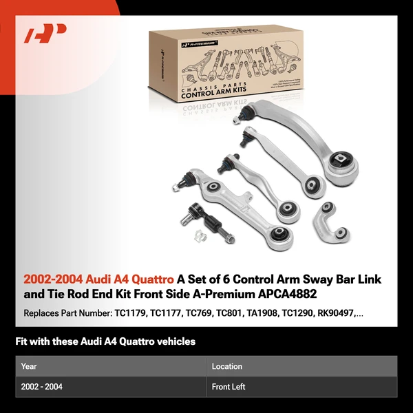 2002-2004 Audi A4 Quattro A Set of 6 Control Arm Sway Bar Link and Tie Rod End Kit Front Side A-Premium APCA4882